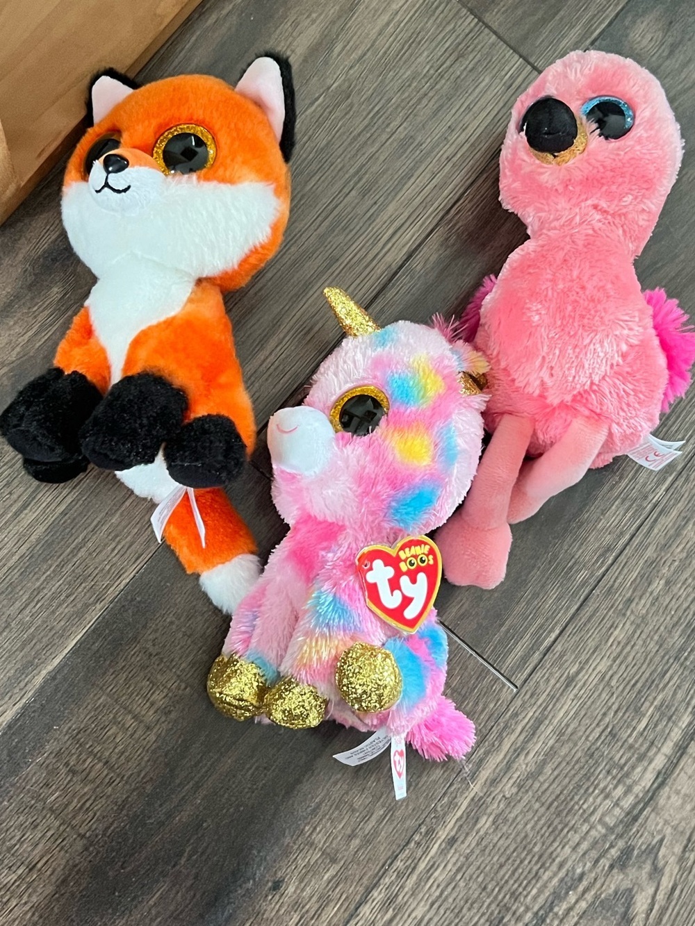 Ty Plush Trio: Pink Flamingo, Orange Fox & Multicolor Unicorn
